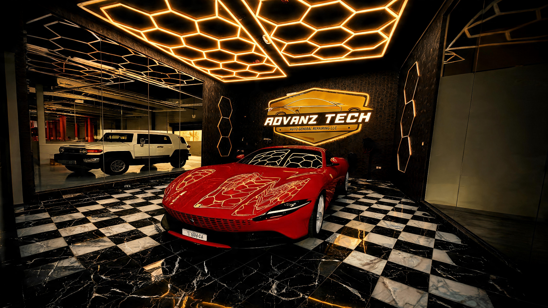 Black luxury exotic supercar inside Advanz Tech workshop, Al Quoz Dubai, with gold scan ring lighting